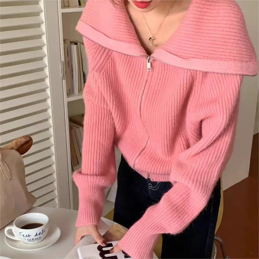 2024 Big Collar Solid Color Zipper Lazy Sweater Coat Autumn/Winter New Casual Knitted Cardigan for Women