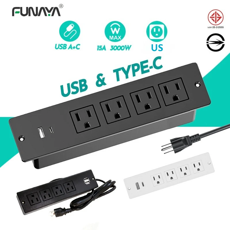 FUNAYA 15A US Hidden Table Socket  USB Type-c 4 Outlet Surface Mountable Recessed Furniture Embedded Desktop countertop Socket