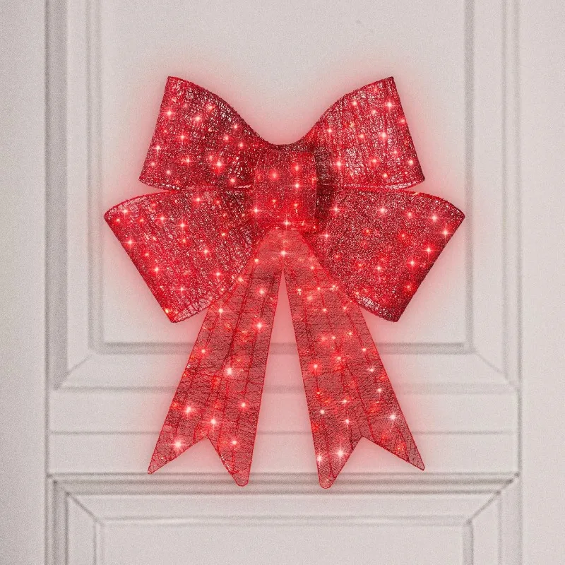 

60cm Shine Christmas Wreath Bow Lighted Red Ornaments Door Wreath Holiday Garland for Winter Home Porch Christmas Decoration