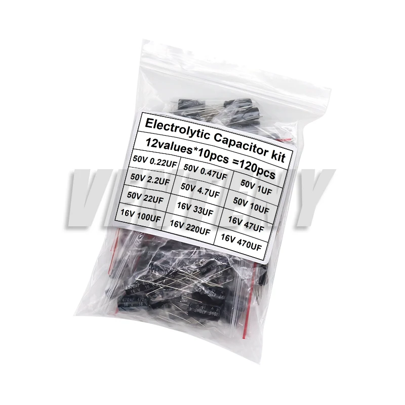 120 Stück 0,22 UF-470 UF 12 Werte Aluminium-Elektrolytkondensator-Sortiment-Set 120 Stück 1 Satz Set