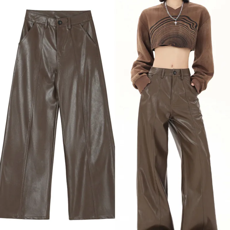 

PU Leather Pants Wide Leg Women 24 Autumn Winter Leather Pants Long Pants Hanging Feeling Floor Dragging High Waisted Pants New