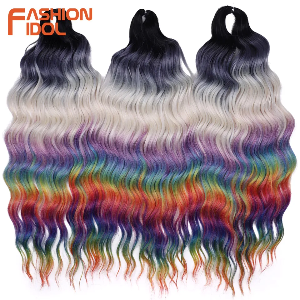 FASHION IDOL 24inch/60cm Water Wave Curl Hair Twist Crochet Hair Synthetic Ombre Rainbow Color Deep Wave Braiding Hair Extension