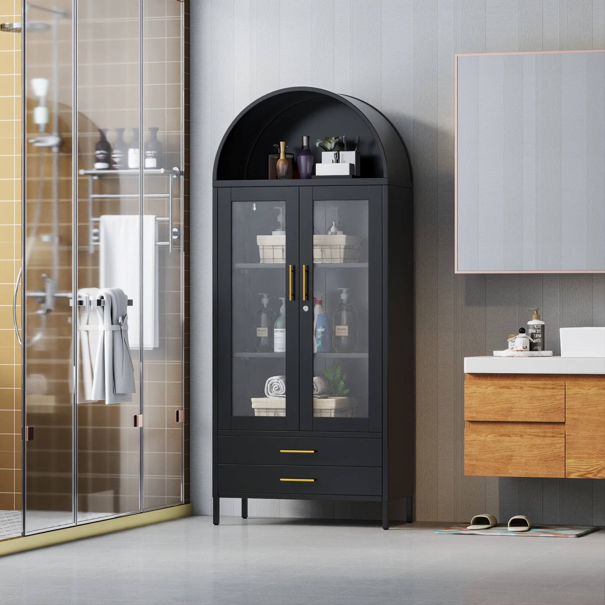 73 ''H металлические арочные кухонные шкафы, арочный шкаф-витрина со стеклянными дверями и ящиками для домашней гостиной