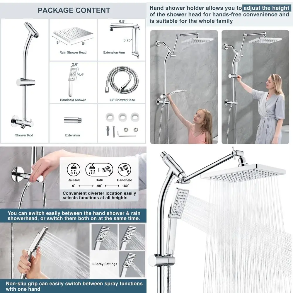 

Adjustable Rainfall Shower System with Handheld, Brass Slide Bar, Extendable Arm, 60 Hose, Chrome Finish