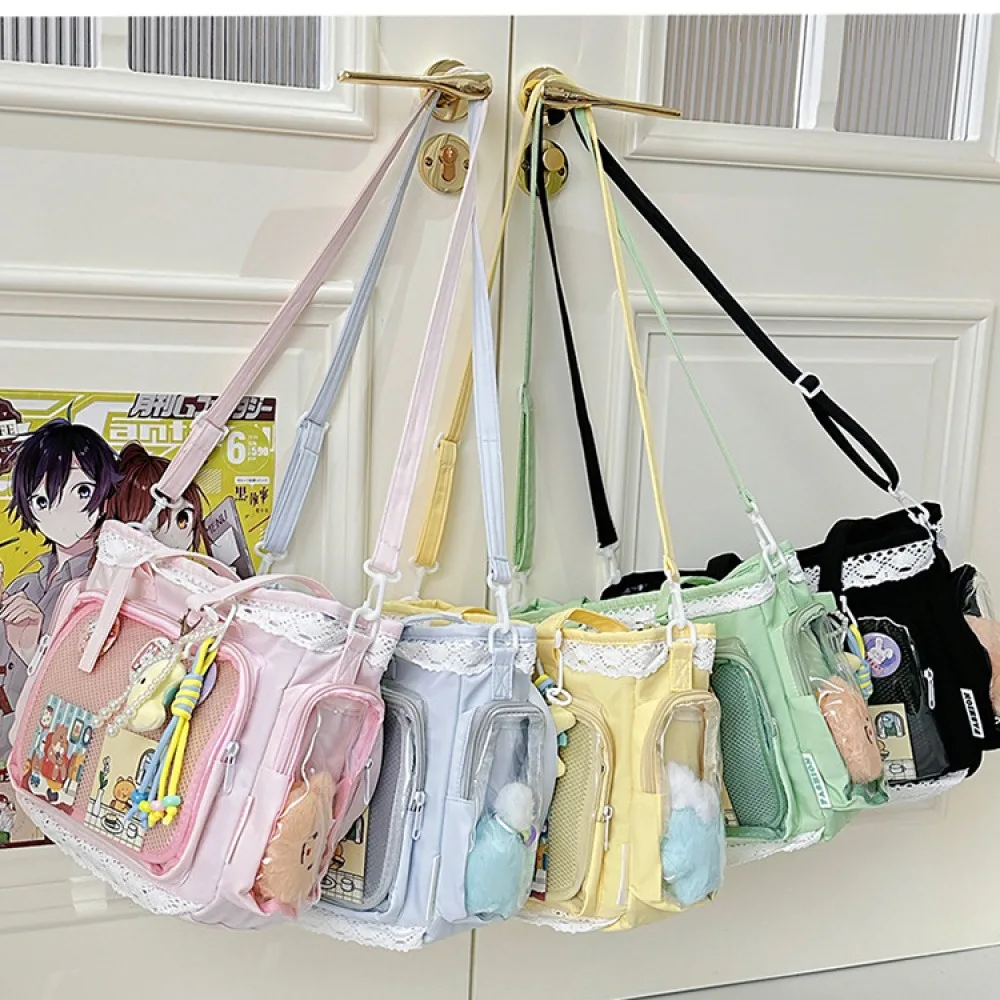 Kawaii Yellow Lace Ita Bag Tote Bag Large Capacity Clear Window Anime Pin Badge Display Shoulder Bag Lolita Cute Handbag for Com