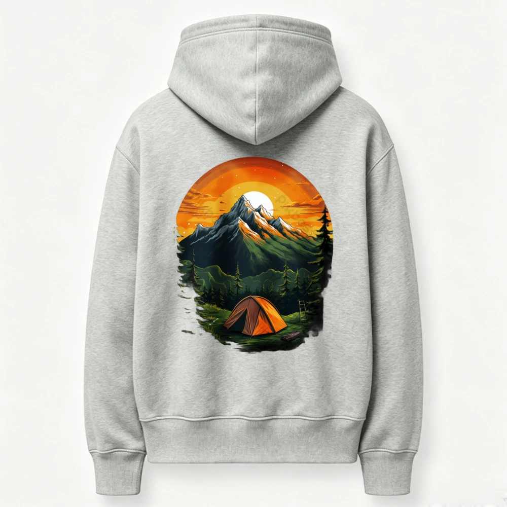 Sudadera con capucha y estampado gráfico de una tienda de campaña en un atardecer de montaña, ideal para actividades al aire libre, aventuras en el bosque y en la naturaleza. Sudadera con capucha para senderismo, de estilo informal.