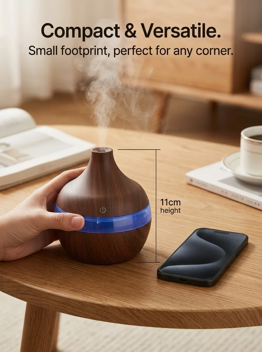 HONSUN Humidifier for Bedroom, 300ml Essential Oil Diffuser with 7-Color LED Night Light, Dark Wood Grain Ultrasonic Cool Mist Humidifier, Portable USB Desktop Aroma Humidifier with 4-Hour Auto Shut-Off, Compact Size for Home Office Spa