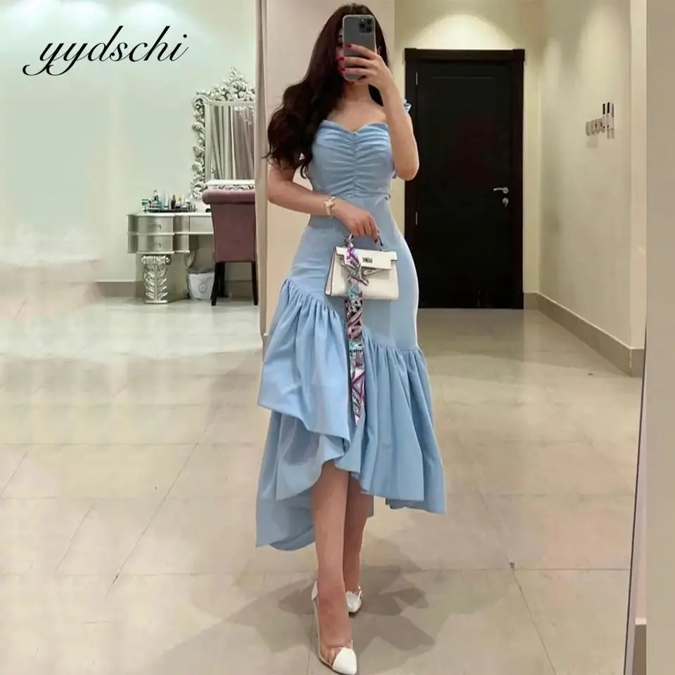 

2022 Sky Blue Mermaid Saudi Arabia Prom Dresses Women Formal Party Gown Pleats Asymmetrical Evening Dress Elegant For Wedding