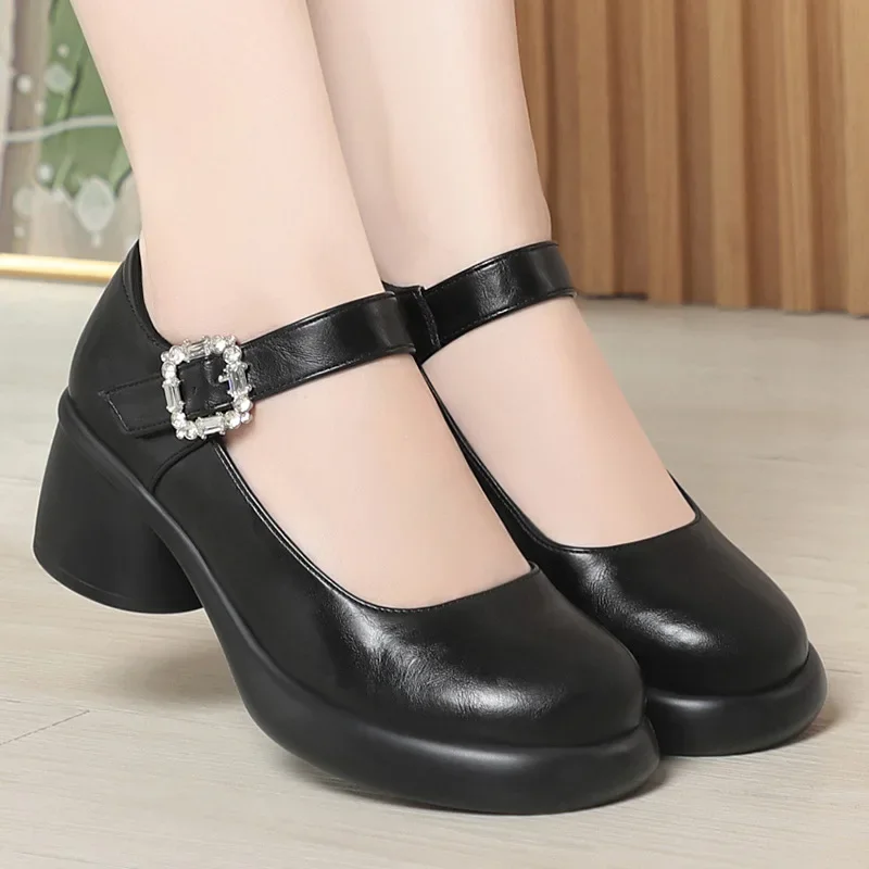 5.5 سنتيمتر الرجعية الفم الضحلة تنفس الجلود الناعمة ماري جينس أحذية منصة 2025 الخريف كتلة الكعوب أحذية مكتب أمي فستان يوميا