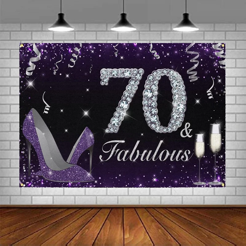 Photography Backdrop 70th Birthday Banner Fabulous Heels Decorations Party Champagne Ribbon Background For Women - Purple