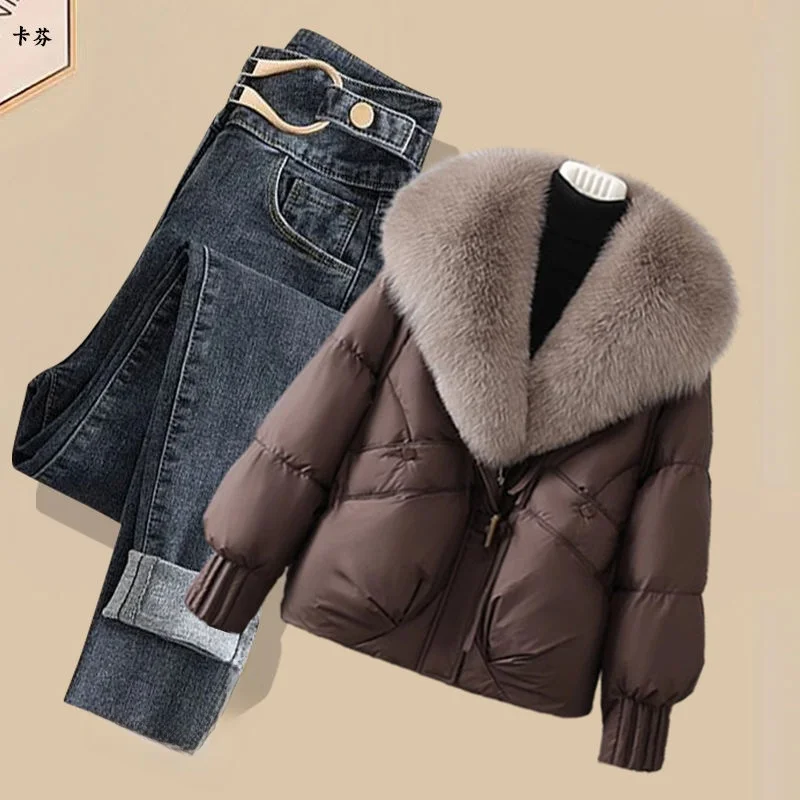 Herbst Winter Baumwolle Jaet Und Jeans Zweiteiliges Set für Frauen Casual Abnehmen Sle Pendeln Freundliche Bequeme Lose Fit