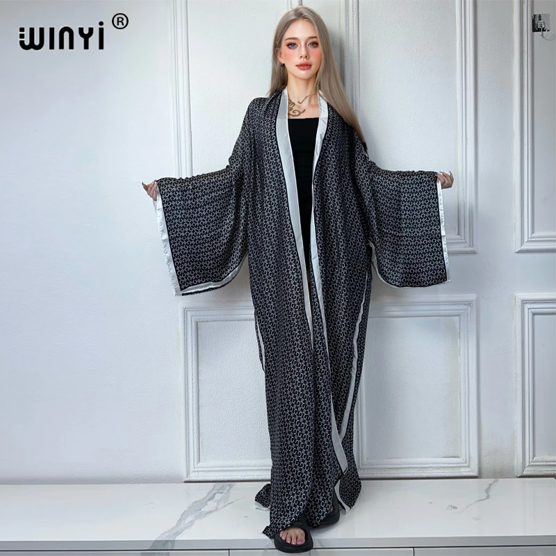 WINYI Kimono Women Elegant print Long Sleeve Cardigan Female Blouse Loose abaya beachwear Cover Up boho dress party kaftan