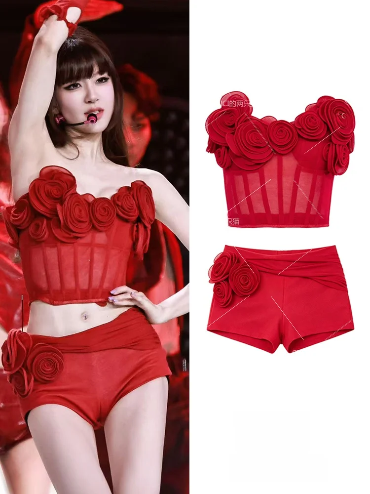 Zhaolu Si Concert Red 3D Flower See-through Crop Top Shoulder-baring Slim-fit Shorts Hot Girl Outfit Stage Performance Wear
