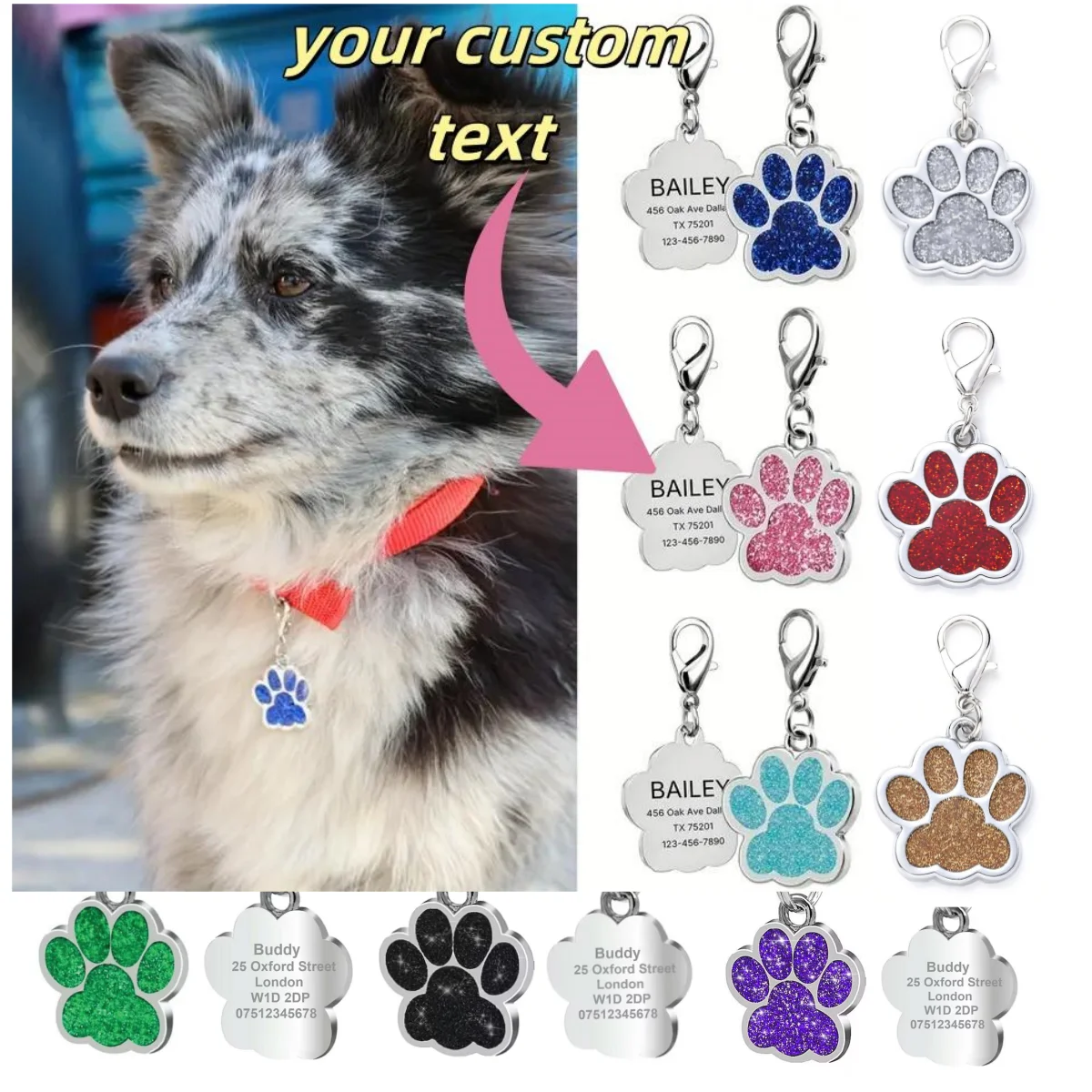 

Customized Dog Cat Tags Engraved Pet Glitter Pendant Paw Print Personalized Puppy Dog Cat ID Name Collar Tag Pendant Pet Gift