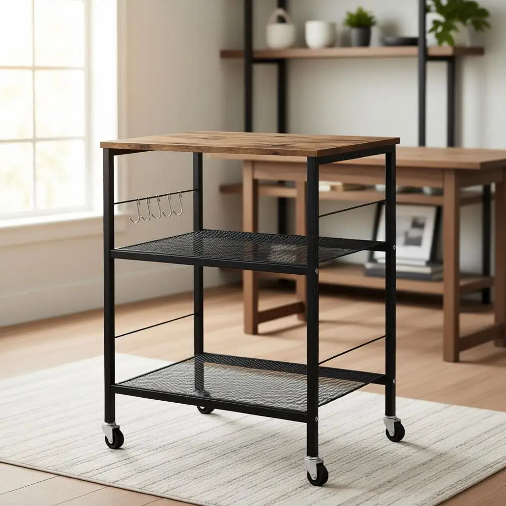 

3-Tier Microwave Cart with Storage Shelves, Brown, Large Side Table/Nightstand for Kitchen/Home Office