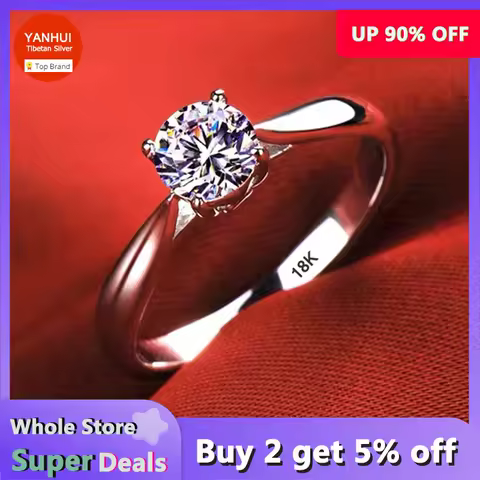 Luxury Pure 18K White Gold Color Tibetan Silver Ring Round Clear 5A Zircon Engagement Wedding Band Bridal Jewelry Gift for Women
