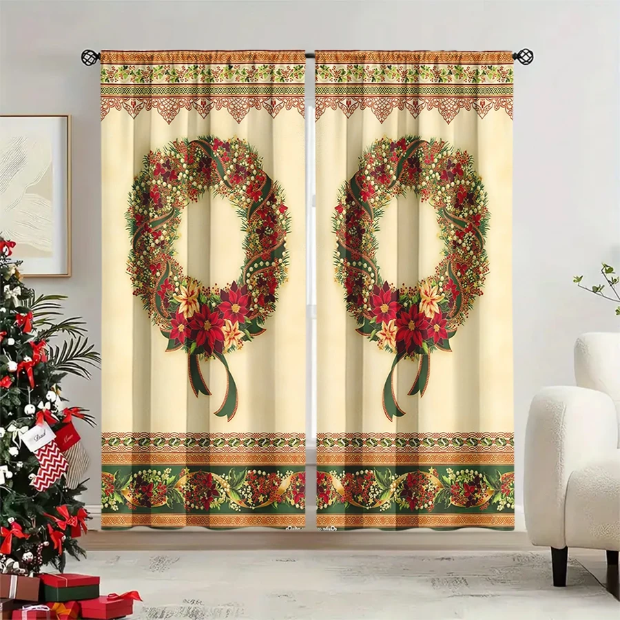 2PCS Christmas Winter Curtains, Vintage Pine Wreath Poinsettia Berry Gold Frame, Digital Print, Bedroom Living Room, Home Decor