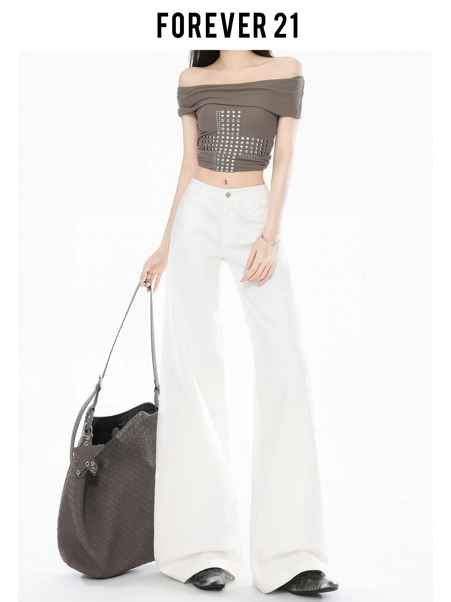 Vaqueros blancos de cintura baja y pierna ancha de corte recto para mujer, pantalones holgados y fluidos de corte ajustado hasta el suelo, estilo americano Forever 21