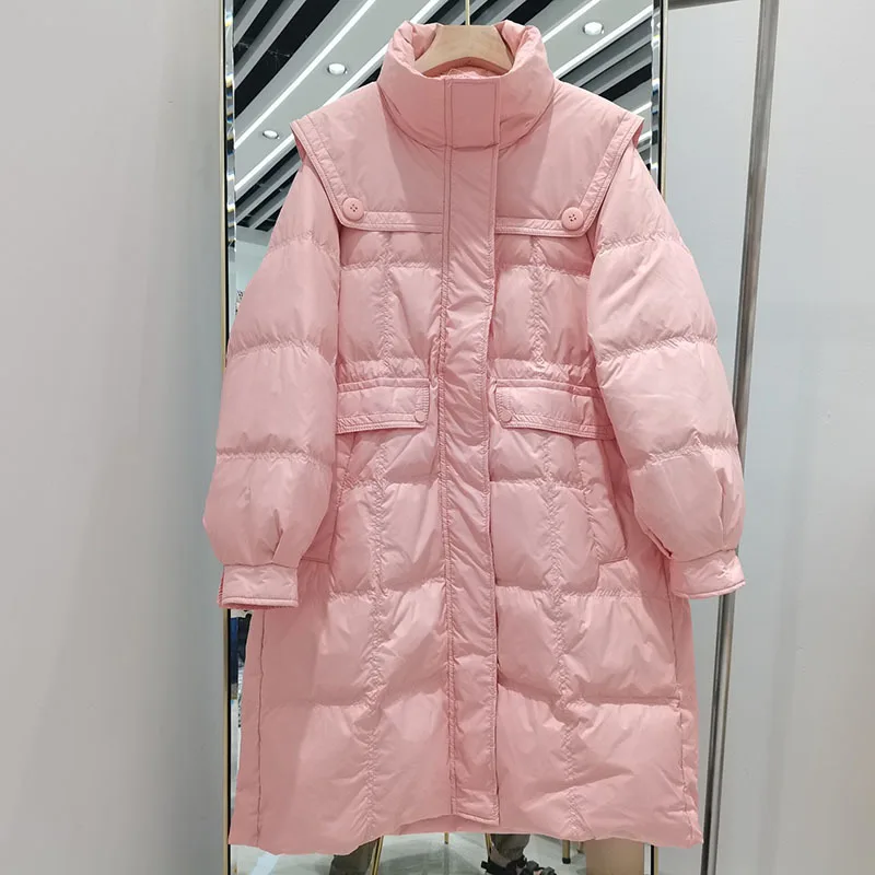 Winter Hooded Down Long Jacket Women 90% White Duck Down Coat Casual Loose Pleating Parkes Snow Windbreak Warm Outwear