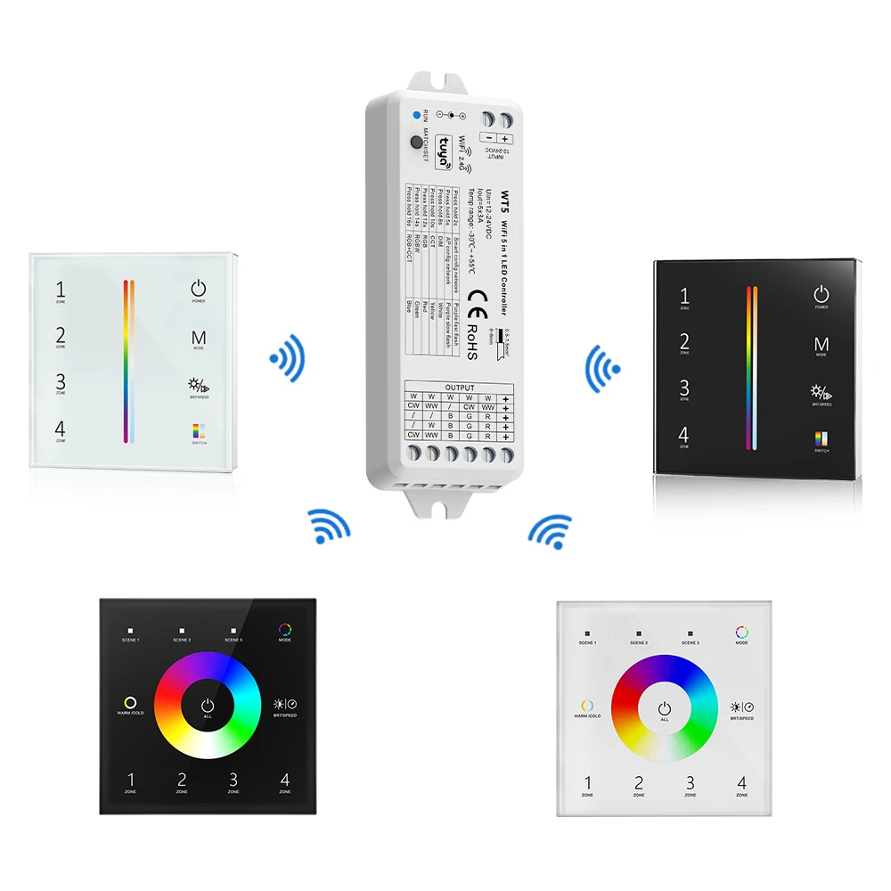 WT5 Tuya Smart RGBCCT Controller 12V 24V DC 5 in 1 Dimmer RGB CCT RGBW RGBWW LED Strip Light Touch Panel 2.4G RF Wifi Controller