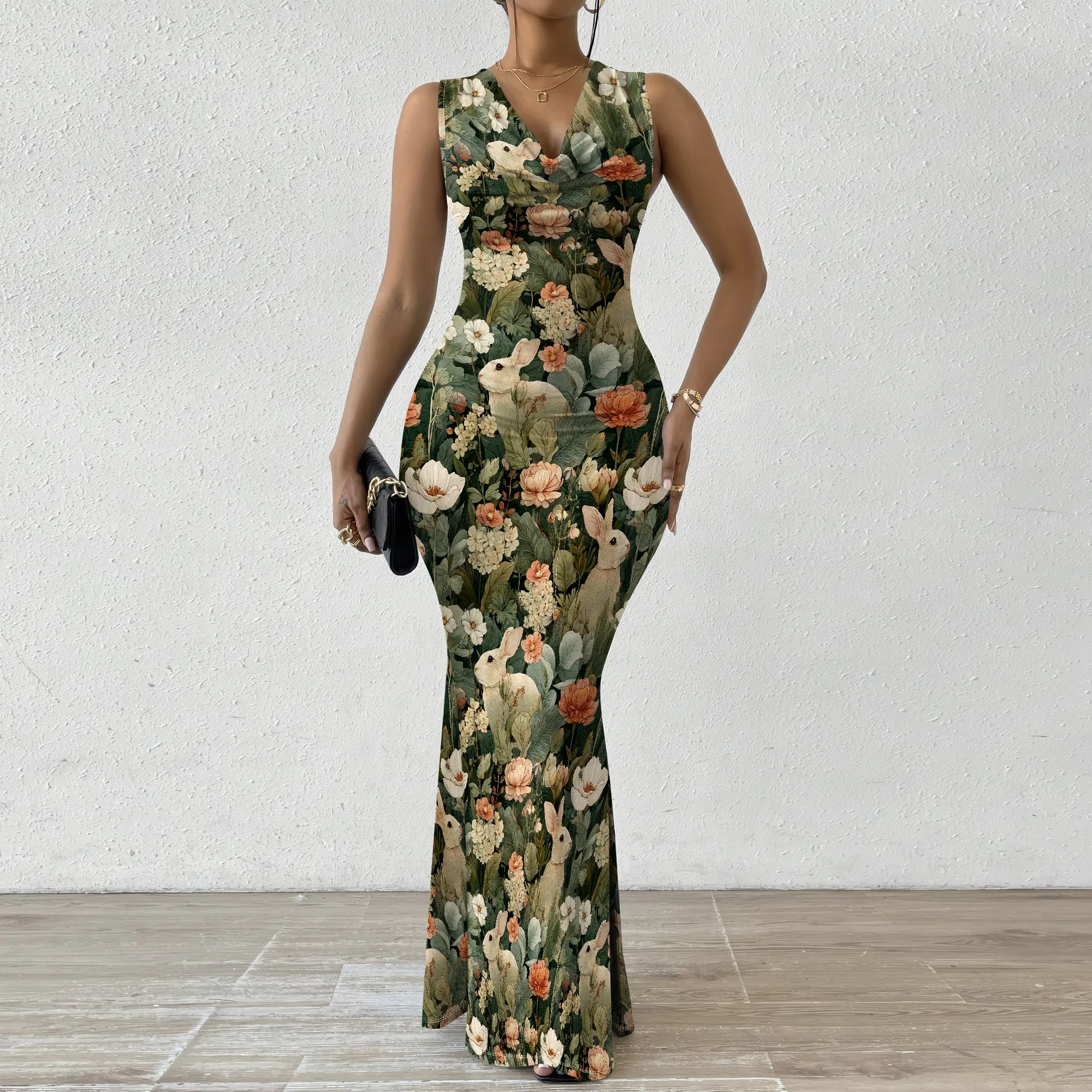 

Rabbit & Floral Print V-Neck Maxi Dress for Women 2025 New Arrival Cottagecore Spring Dress XS-2XL