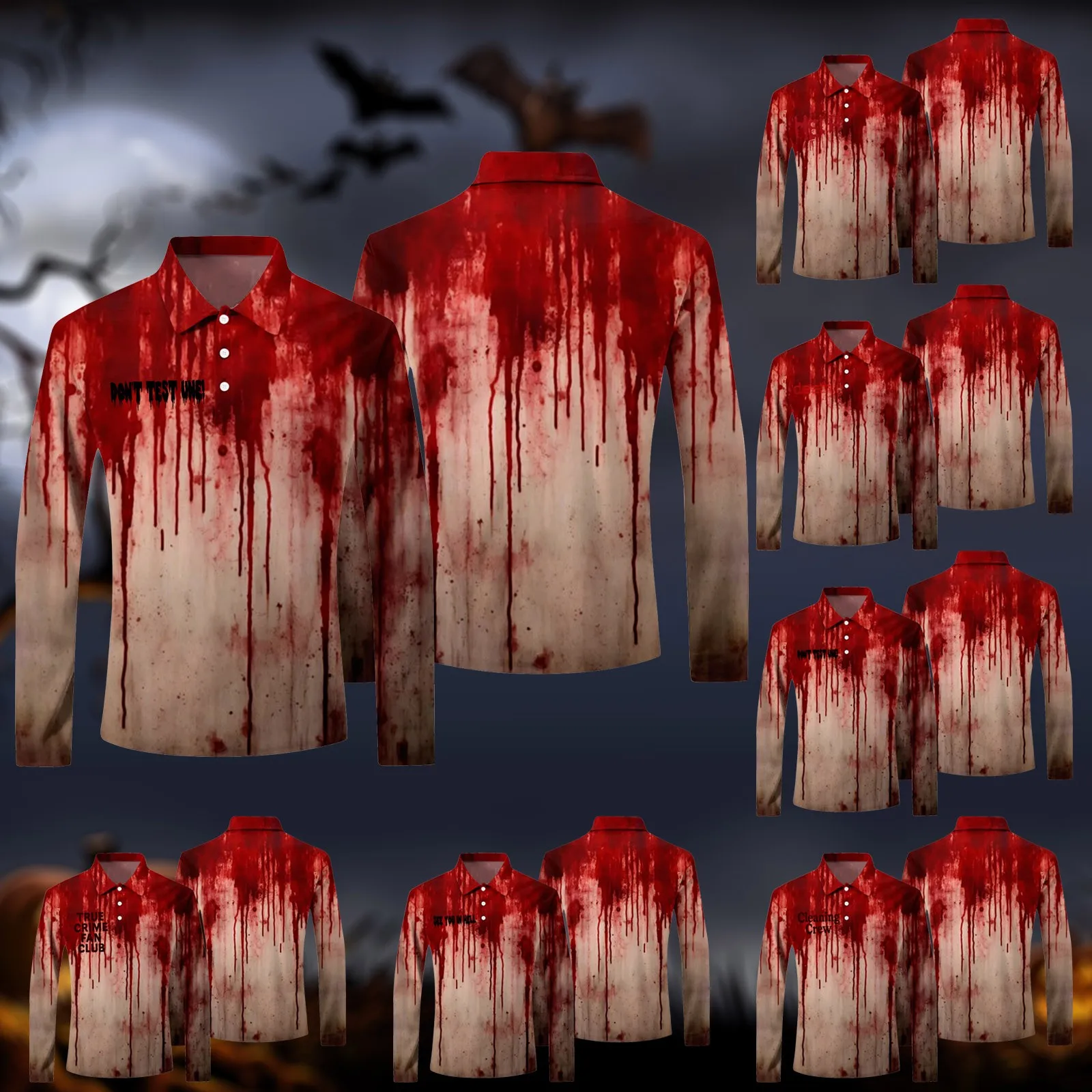 Camisa masculina botão decoração topo solto casual halloween carta impressão sangue horror atmosfera assustador lapela manga longa topo