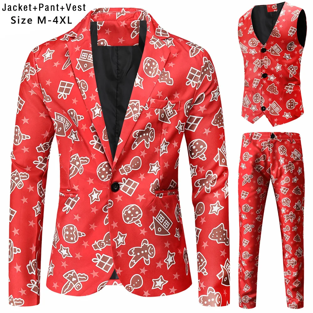 

2026 Fashion Printed Men Suit Sets Red Performance Costume Men's New Year Jacket Vest Pants Suits Coat Casual Outfits