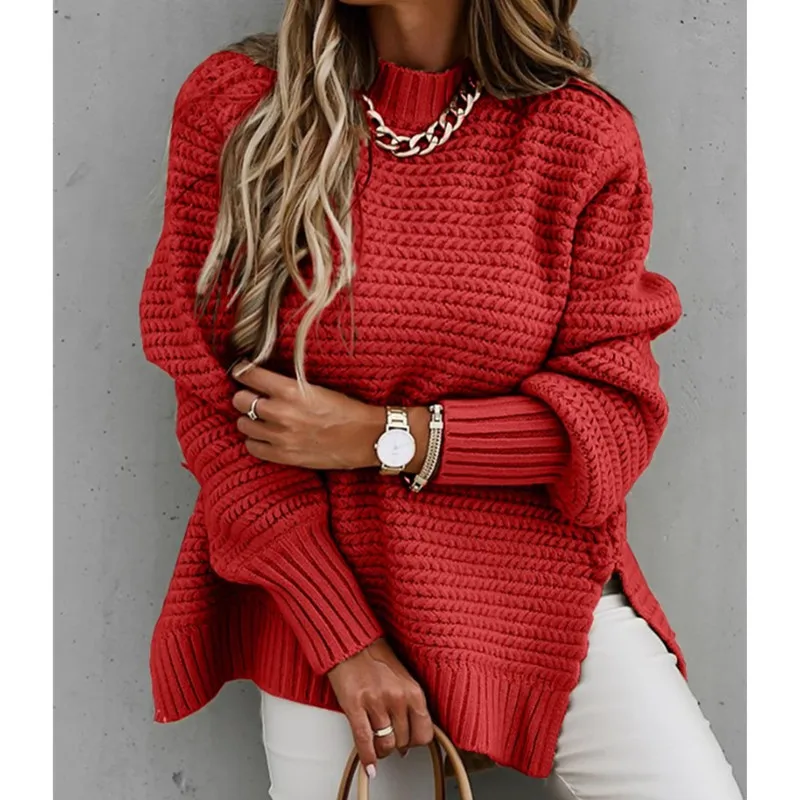 New Autumn Winter Women\'s Half-turtleneck Sweater Solid Color Glove Head Side Slit Knitted Fashion Trend Commuter Sweater