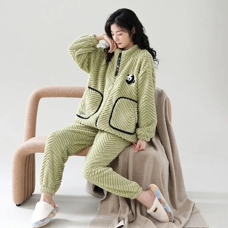 2024 New Winter Coral Velvet Pajamas Women's Long Sleeve Padded Plus Size Sleepwear Warm Autumn Zipper Flannel Loungewear Set