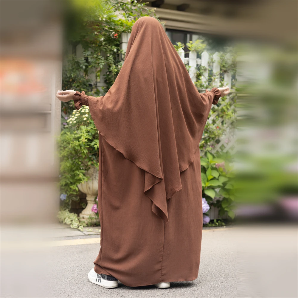 

Full Cover Muslim Women Abaya Eid Ramadan Prayer Garment Clothing Dubai Khimar Abayas Islamic Overhead Burqa Modest Dress 2pcs