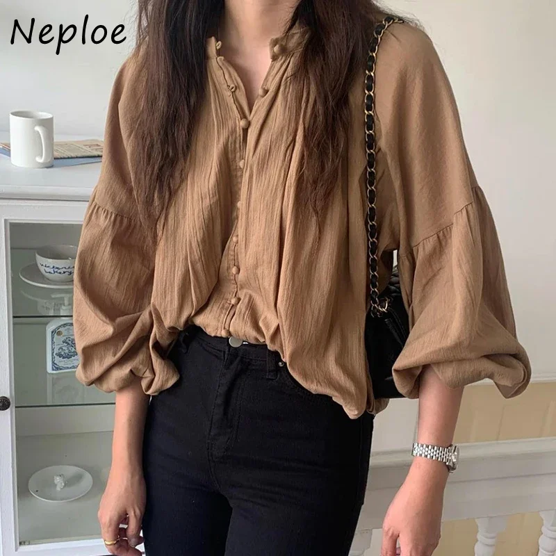 Neploe French Retro Single-breasted Blouse Shirt Woman Lantern Sleeve Design Casual Women Tops Loose Versatile Solid Color Top