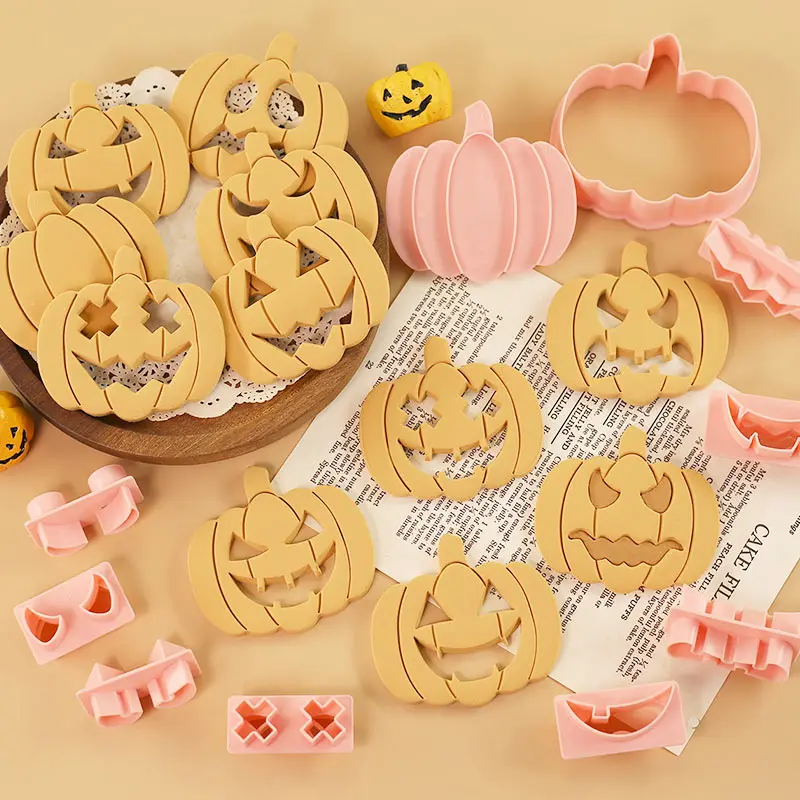 Halloween Jack‑O‑Lantern Pumpkin Cookie Cutters DIY Face Change Biscuit Molds Plastic Fondant Baking Tools for Halloween Party