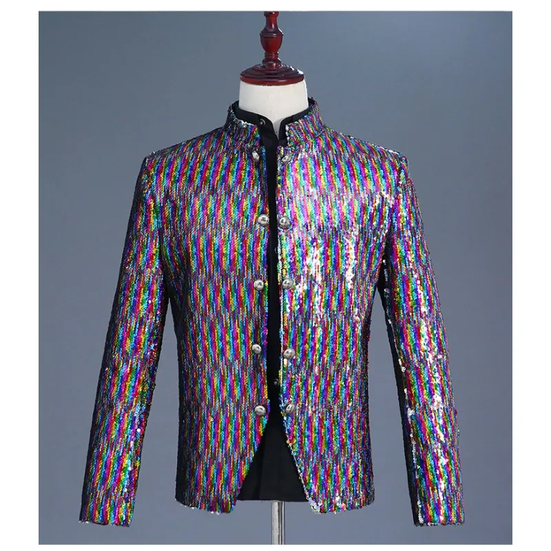 الرجال السترة أزياء المحكمة الملونة Flippable الترتر تونك ملهى ليلي DJ رئيس المغني المرحلة بار السترة الشعبية الرجال