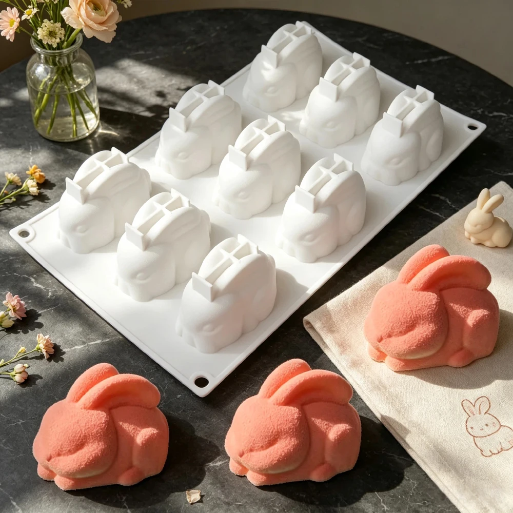 Bunny Cake Mold - 9-Cell Squatting Long Eared Rabbit Design