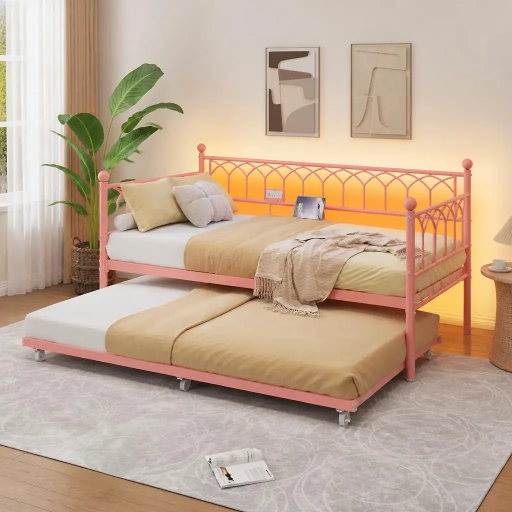Twin Metal Daybed with Trundle – Heavy Duty Sofa Bed Frame with Charging Station & LED Lights – Ideal for Bedroom, Living Room, Guest Room, Apartment, Small Spaces – Gold/White/Pink