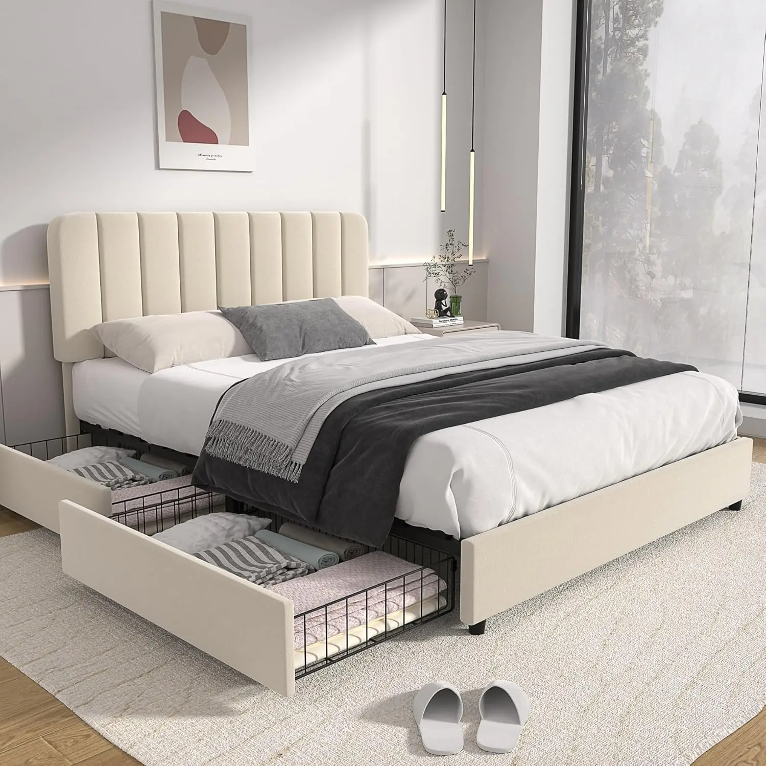 Bingkai tempat tidur berlapis kain Ukuran Queen dengan 4 laci dan Headboard yang dapat disesuaikan, rangka tempat tidur penyimpanan Platform beludru, Alas Bedak