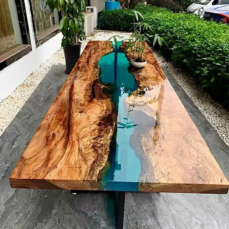 Resin table Spot river table Walnut solid wood large board tea table Resin large board tea  Gold camphor desk