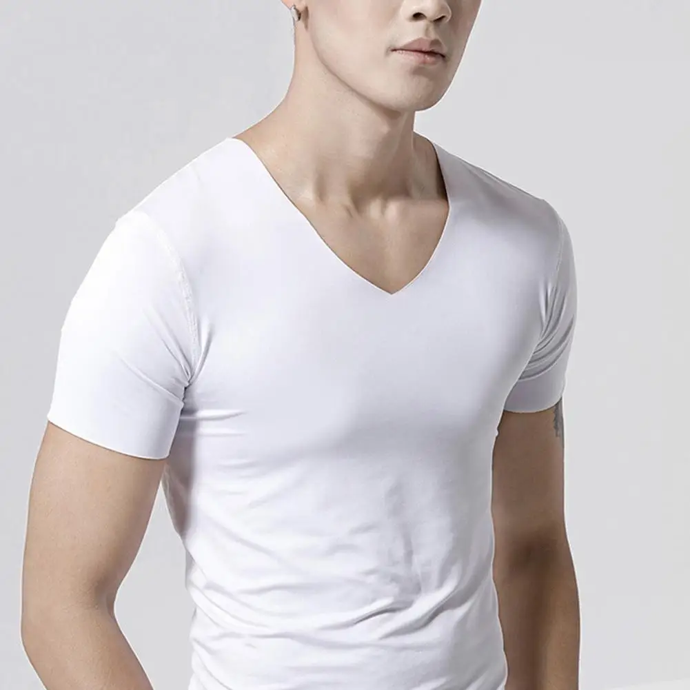 

Men T-shirt Anti-shrink V Neck Short T-shirt Moisture Wicking Active Athletic T-Shirt Elastic High Stretchy Seamless T-shirts