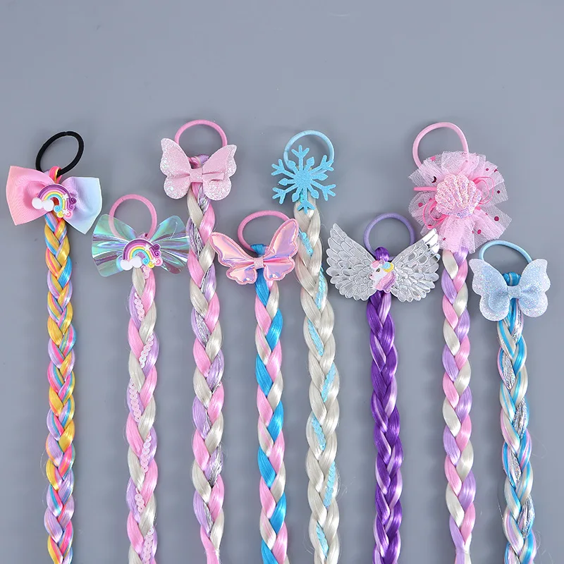Littler Girls Long Braid Hair Rose Kids Rainbow Wig Kids Hair Tie Kids Mermaid Head Wear Princess Girls Elsa Cosplay Accessories view 3