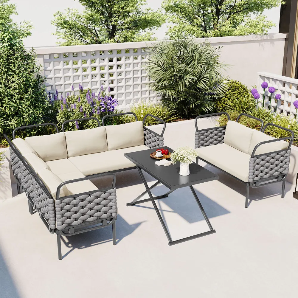 Garden Furniture Sets 5-Piece Modern Patio Sectional Sofa Set Outdoor Woven Rope Furniture Set with Glass Table and Cushions