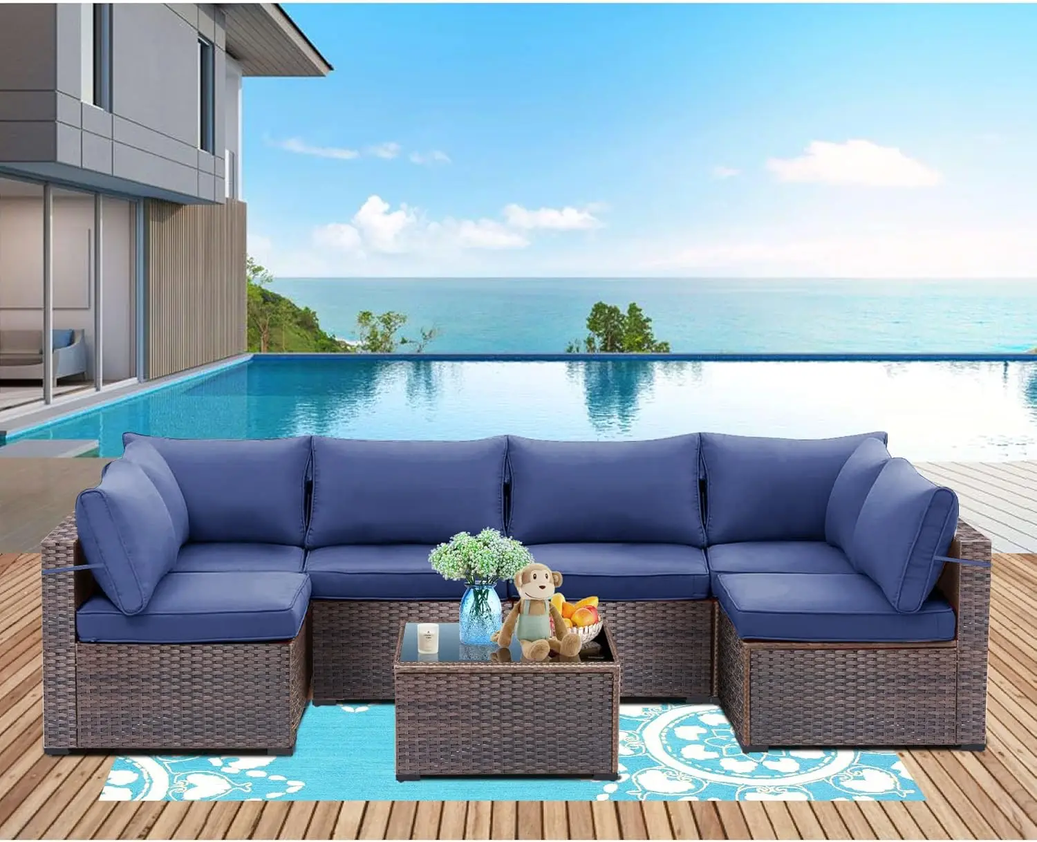 

7 Pieces Outdoor Patio Furniture Sets,Rattan Conversation Sectional Set,Manual Weaving Wicker Patio Sofa with Tea Table