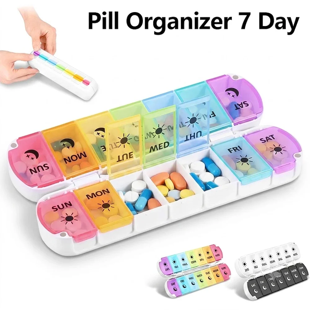 Weekly Pill Organizer 2 Times a Day Plastic Transparent Pill Box 7 Day Foldable Portable AM PM Pill Case for Supplement Vitamin