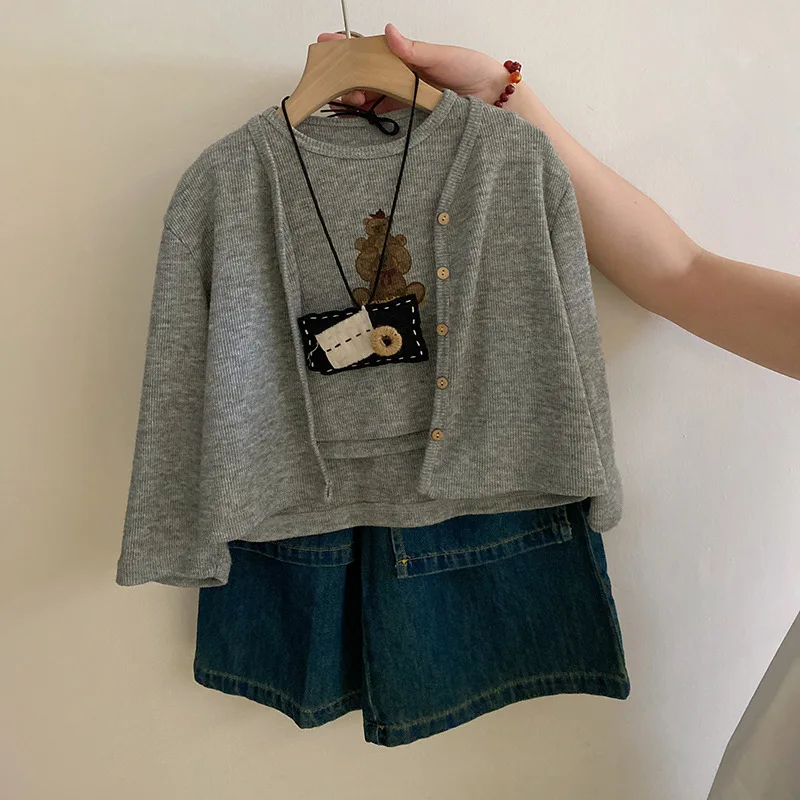 Infant Baby Girl Spring Autumn 2PCS Clothes Set Cotton Cardigan Coat Cartoon Slip Top Suits Loose Denim Pant Little Girl Outfits