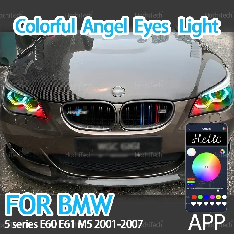 For BMW 5 Series E60 E61 2001-2007 M4 Style LED Angel Eyes Kit Ring Flashing RGB APP Control Headlight Lamps with Turn Signal