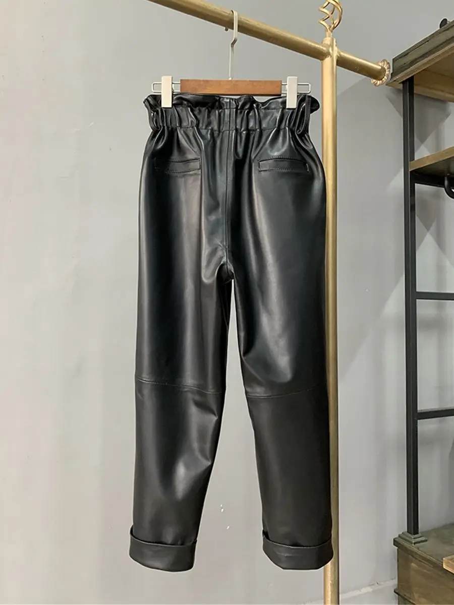 Real leather pants high waist Chains Stitching Genuine sheep Leather pants female  was thin leather pants with pockets wy892