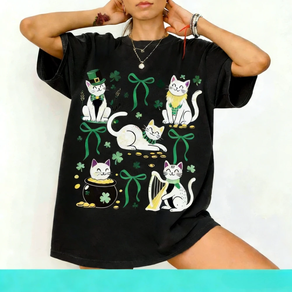 St. Patrick's Cats T-Shirt, St. Patrick's Day Geschenk für Katzenliebhaber, irisches Kleeblatt-Shirt, trendige Damen-Festival-Kostüme, Irland-Tops