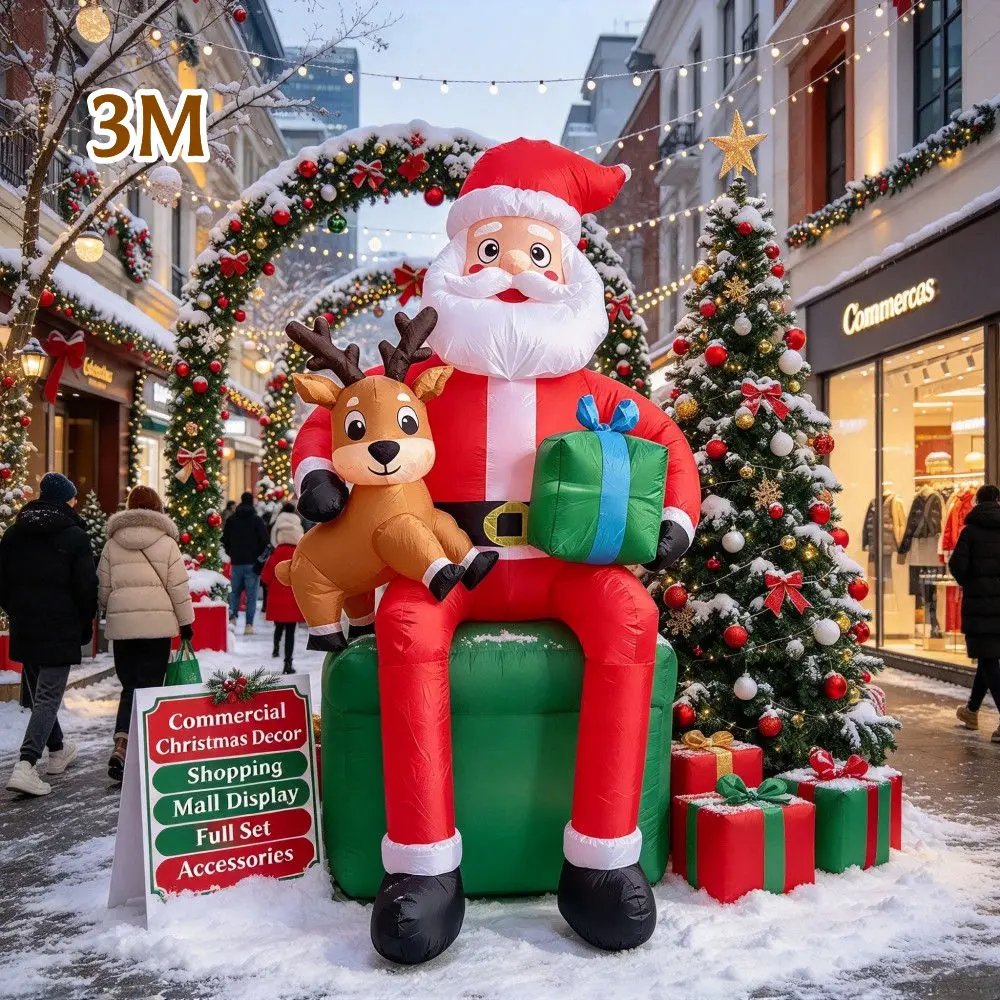3M Inflatable Santa Claus Reindeer Gift Package Built-in LED Lights Indoor And Outdoor Courtyard Windows Roof Balcony Decoration