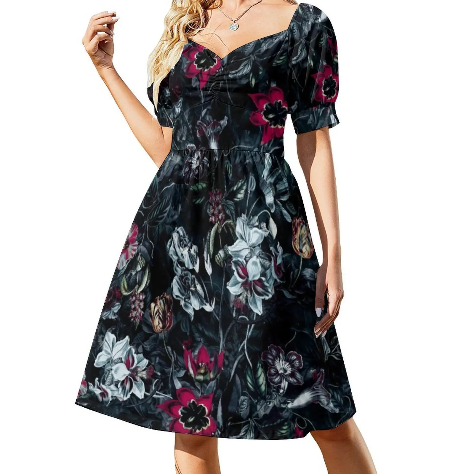 Night Garden Ii Preppy Style Mini Dress For Women A-Line Loose Fit Casual Day Dress Seamless Floral Pattern Botanical Female