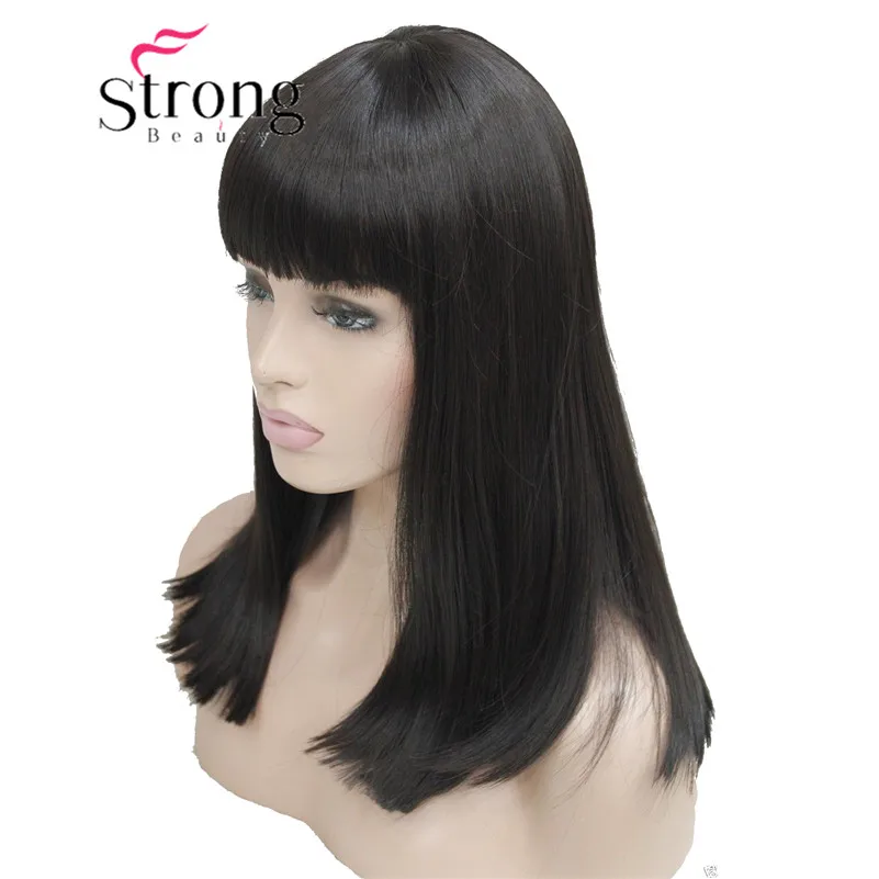 StrongBeauty Dark Brown Medium Length Heat ok Dot Skin Top Synthetic Full Wig