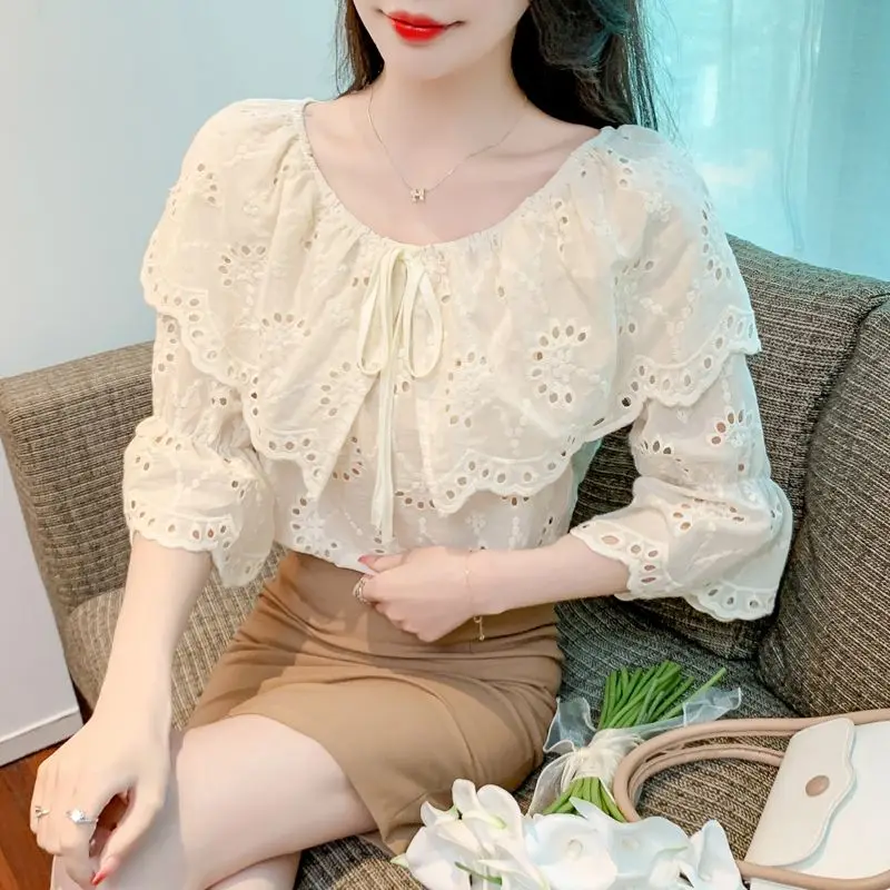 Spring  Summer New Seven-quarter Sleeve Shoulder Top Women's Design Ruffle Edge Hollow Lace Shirt Women's Temperament Commuting